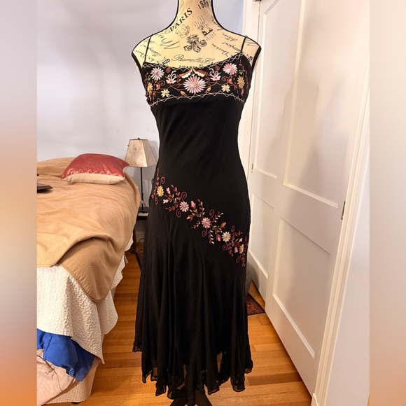 Vintage Betsey Johnson Black Maxi Dress with Floral Embroidery 100% Silk SOLD - Picture 2 of 11